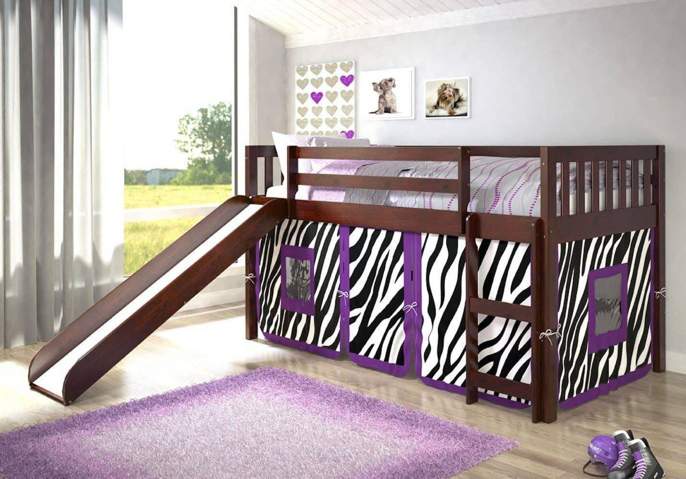 Chloe Loft with Slide & Purple Zebra Tent Custom Kids Furniture