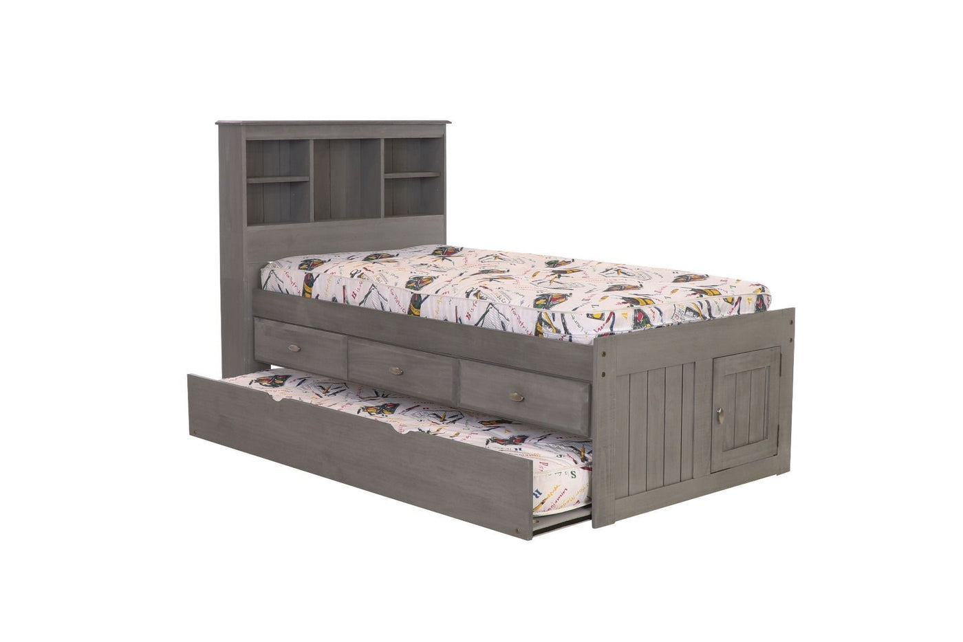 DISCOVERY WORLD FURNITURE CHARCOAL TWIN SIZE BOOKCASE CAPTAINS BED drawer storage and bottom twin trundle bed