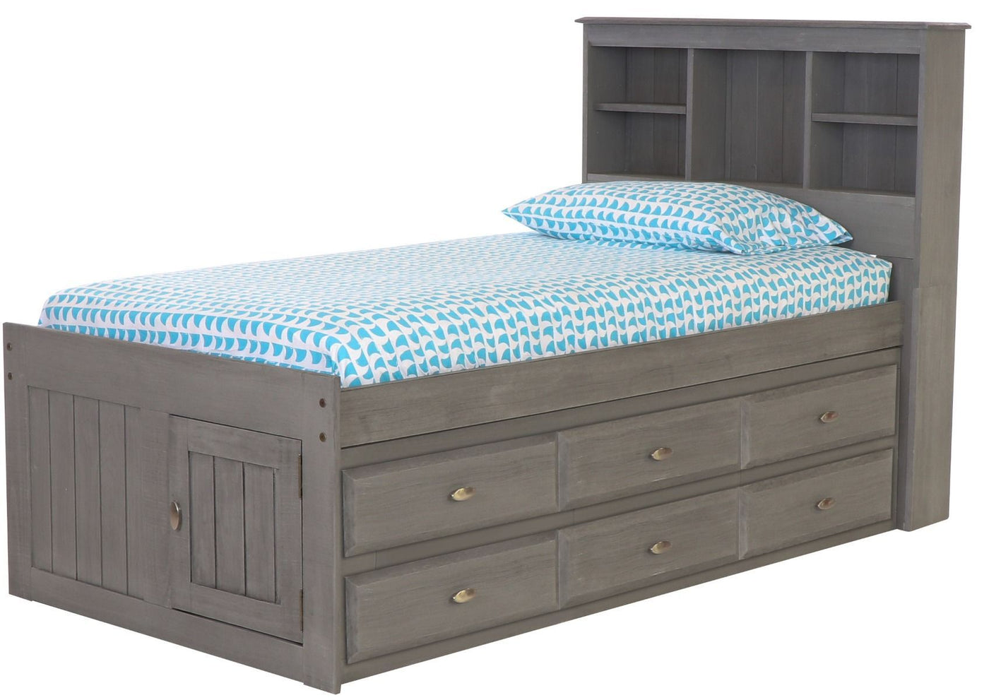 DISCOVERY WORLD FURNITURE CHARCOAL TWIN SIZE BOOKCASE CAPTAINS BED drawer storage and bottom twin trundle bed