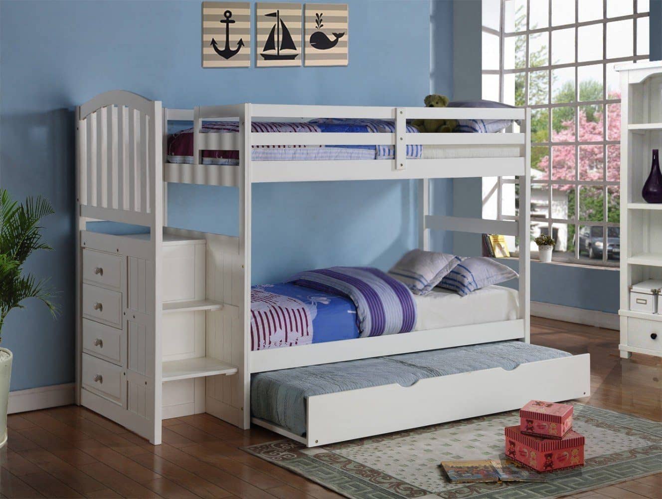 Emily White Twin over Full Bunk Bed with Stairs & Trundle Custom Kids Furniture