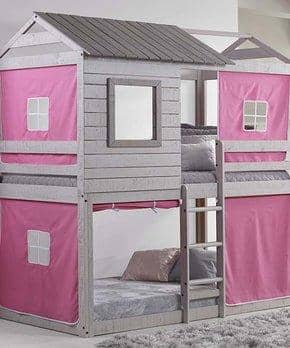 Emma Gray Playhouse Bunk Bed with Pink Tent Custom Kids Furniture
