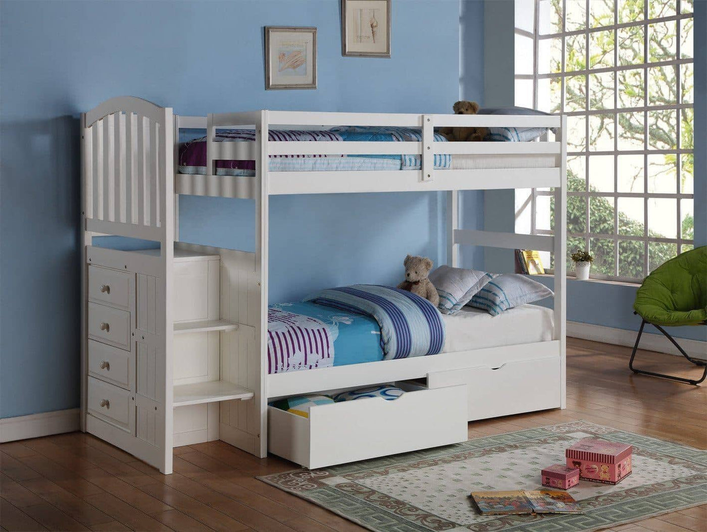 Eva White Twin Bunk Bed with Stairs and Storage Custom Kids Furniture