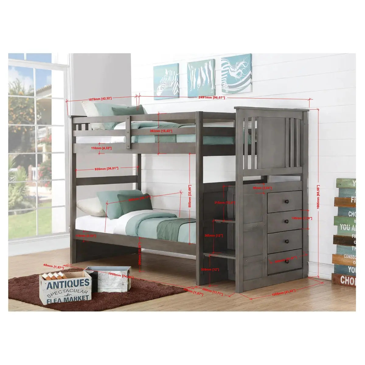 Harrison Grey Twin Bunk Bed with Stairs Custom Kids Furniture