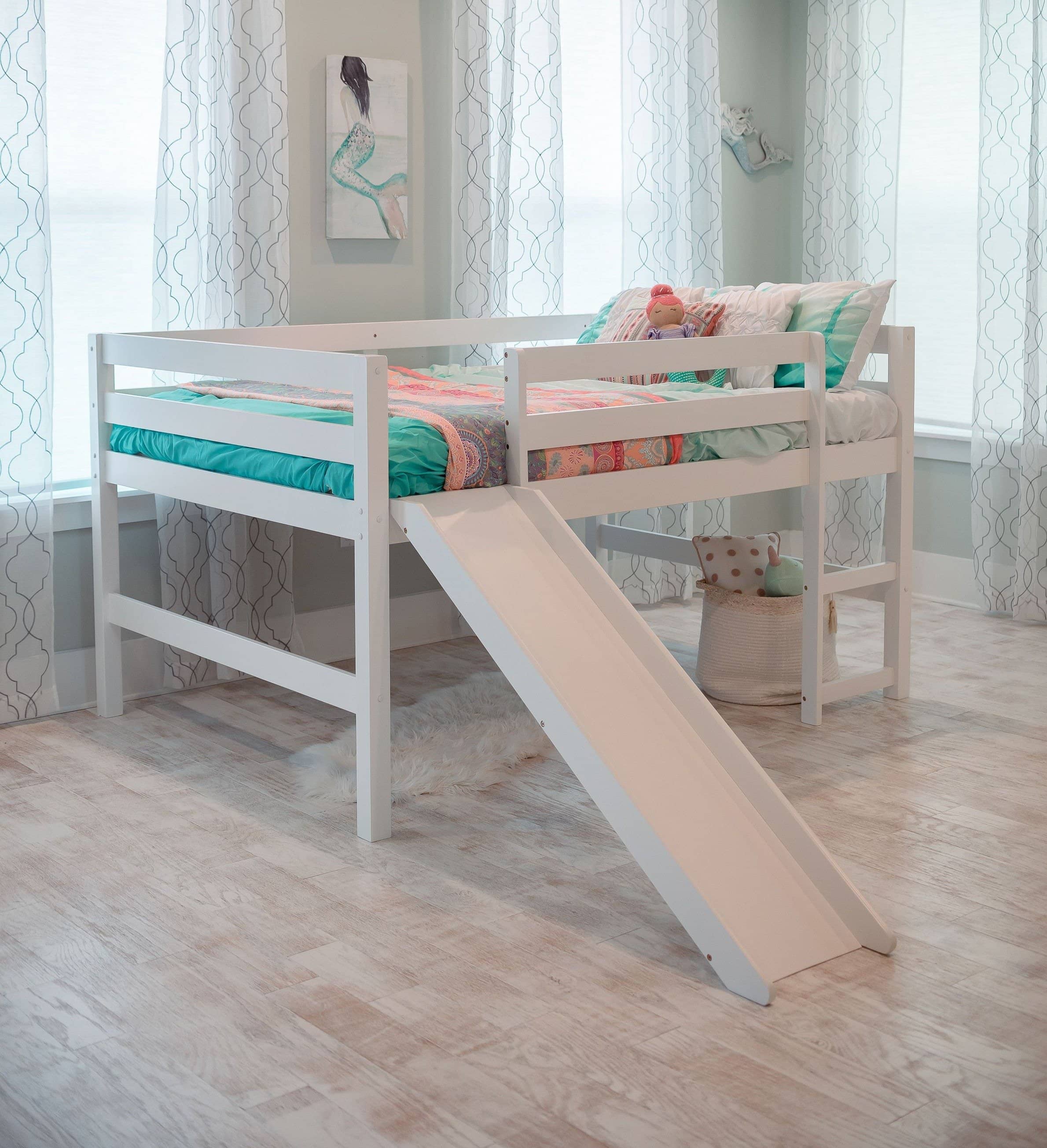 Full size low clearance loft bed with slide