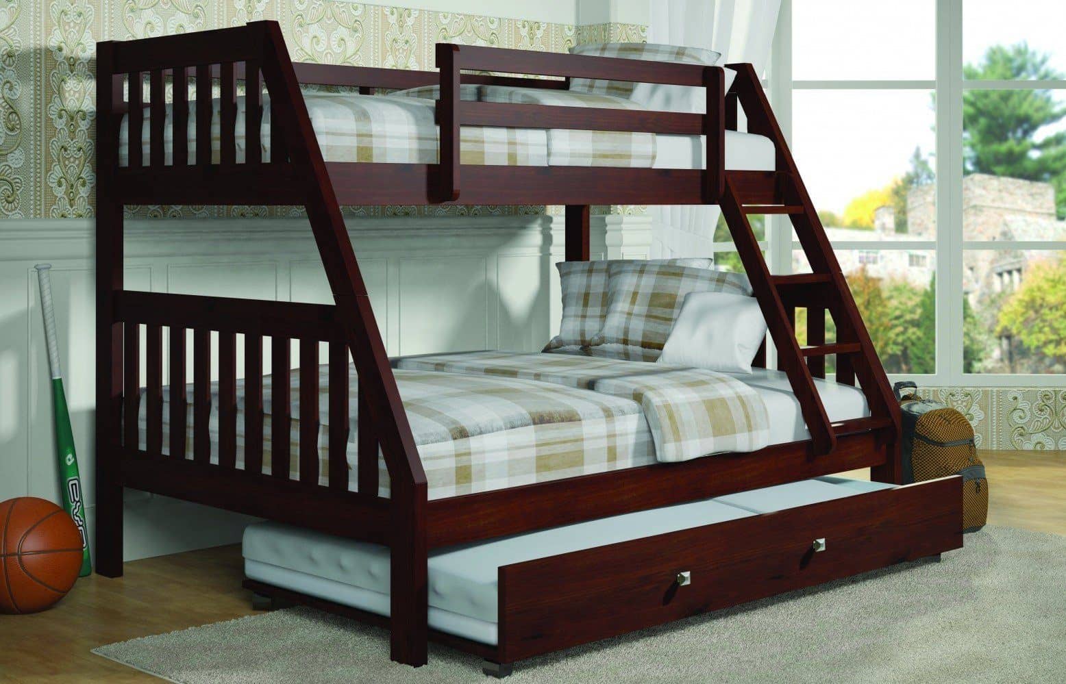 Ian Modern Dark Wood Twin over Full Bunk Bed with Trundle – Custom