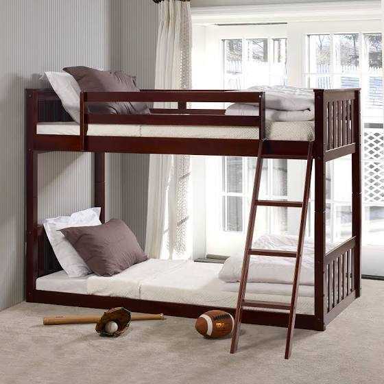 Jace Floor Bunk Bed with twin beds stacked, solid pine frame and angled ladder, perfect for toddlers and kids' shared bedrooms.