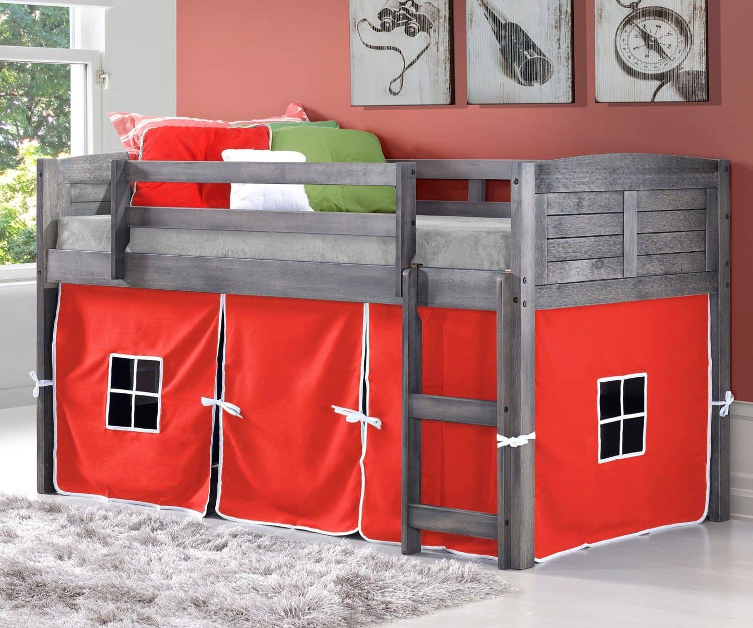 loft tent Jordan Gray Loft with Red Tent / Custom Kids Furniture