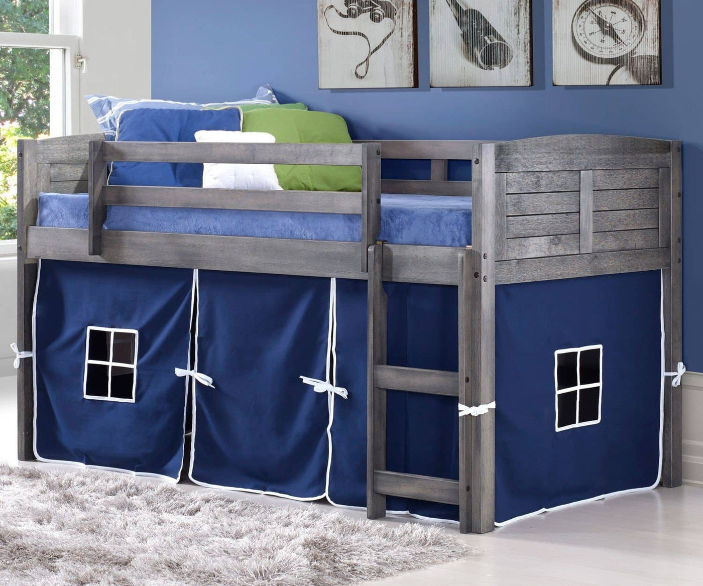 Jordan Gray Twin Loft Bed with Blue Tent Custom Kids Furniture