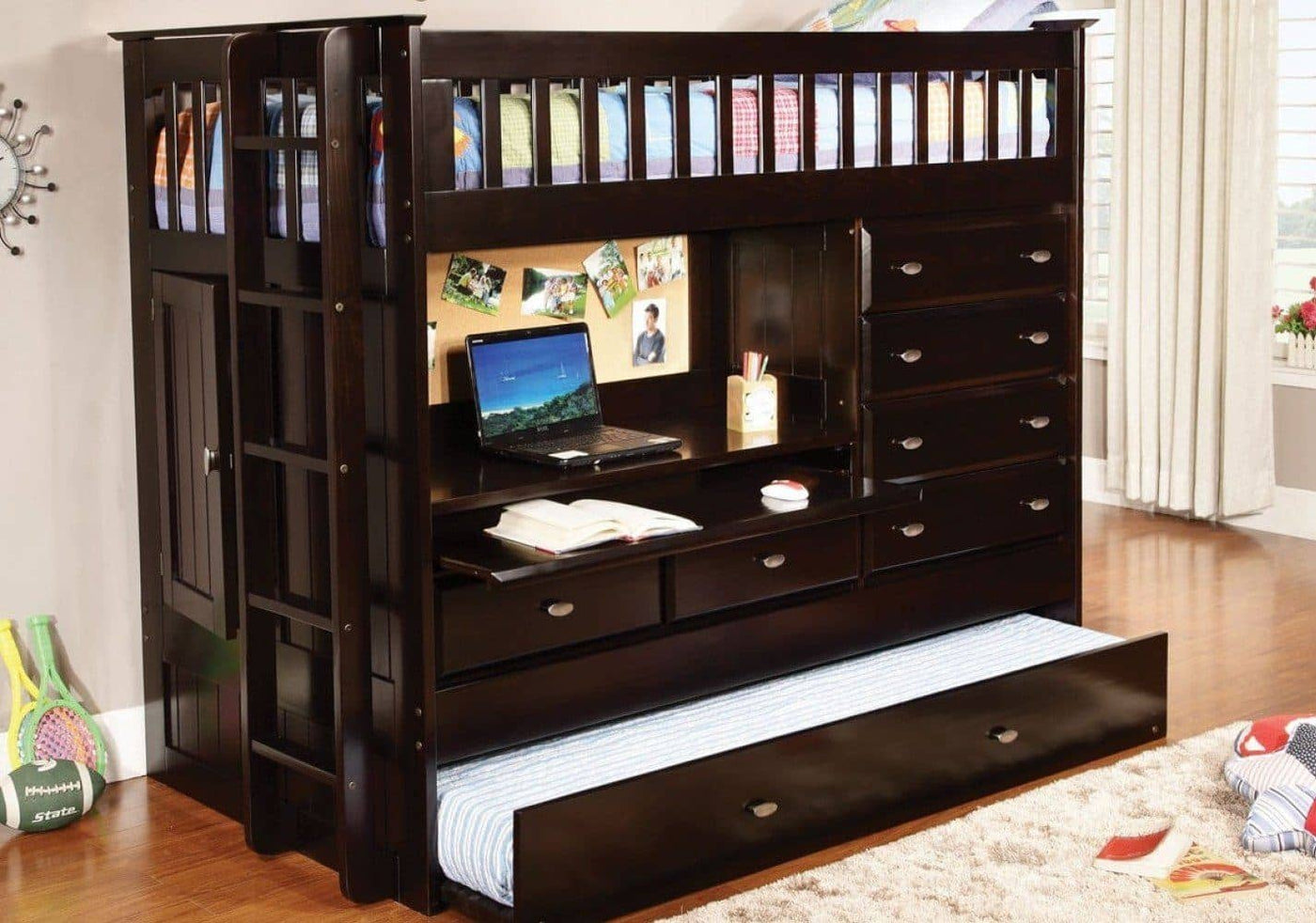 Kendall Cappuccino Loft Bed with Desk, Dresser, Trundle in One Custom Kids Furniture