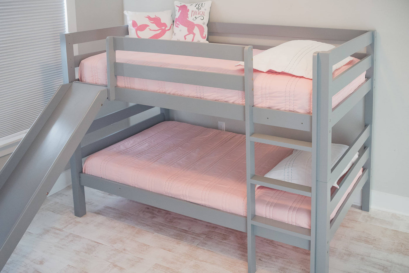 Kinsley Gray Wooden Bunk Bed with Slide Custom Kids Furniture