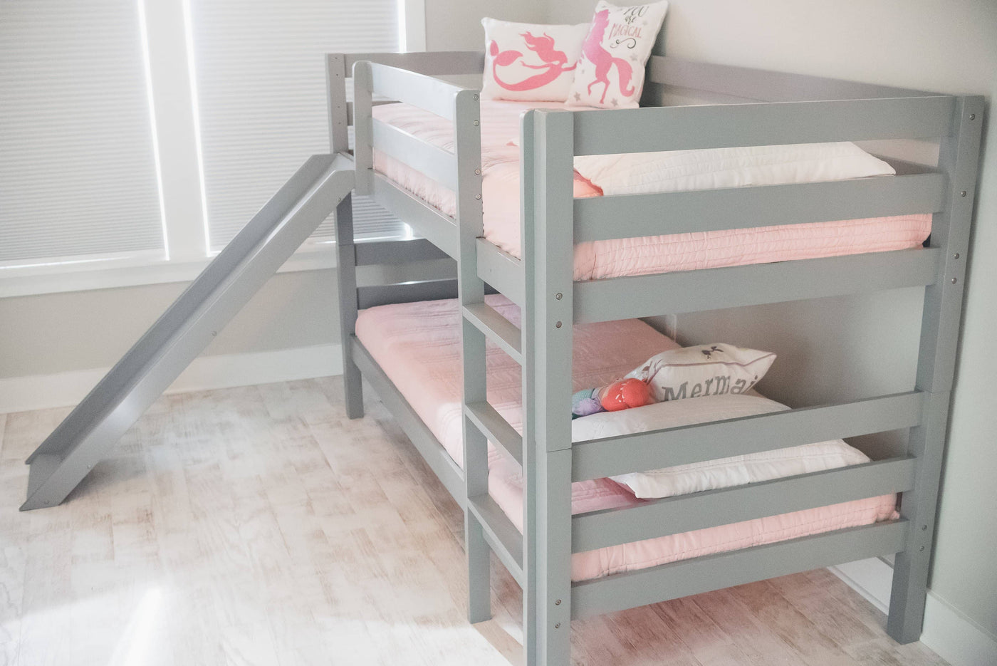 Kinsley Gray Wooden Bunk Bed with Slide Custom Kids Furniture