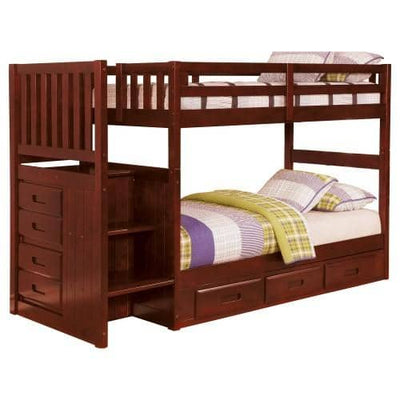 Layla Merlot Bunk Bed with Stairs and Storage Drawers Custom Kids Furniture