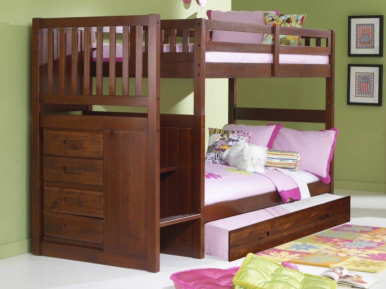 Layla Merlot Bunk Bed with Stairs and Trundle Custom Kids Furniture