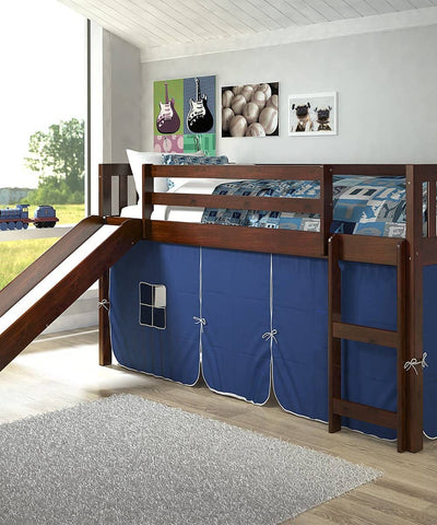 Lucas Low Loft Bed with Slide & Blue Tent Custom Kids Furniture
