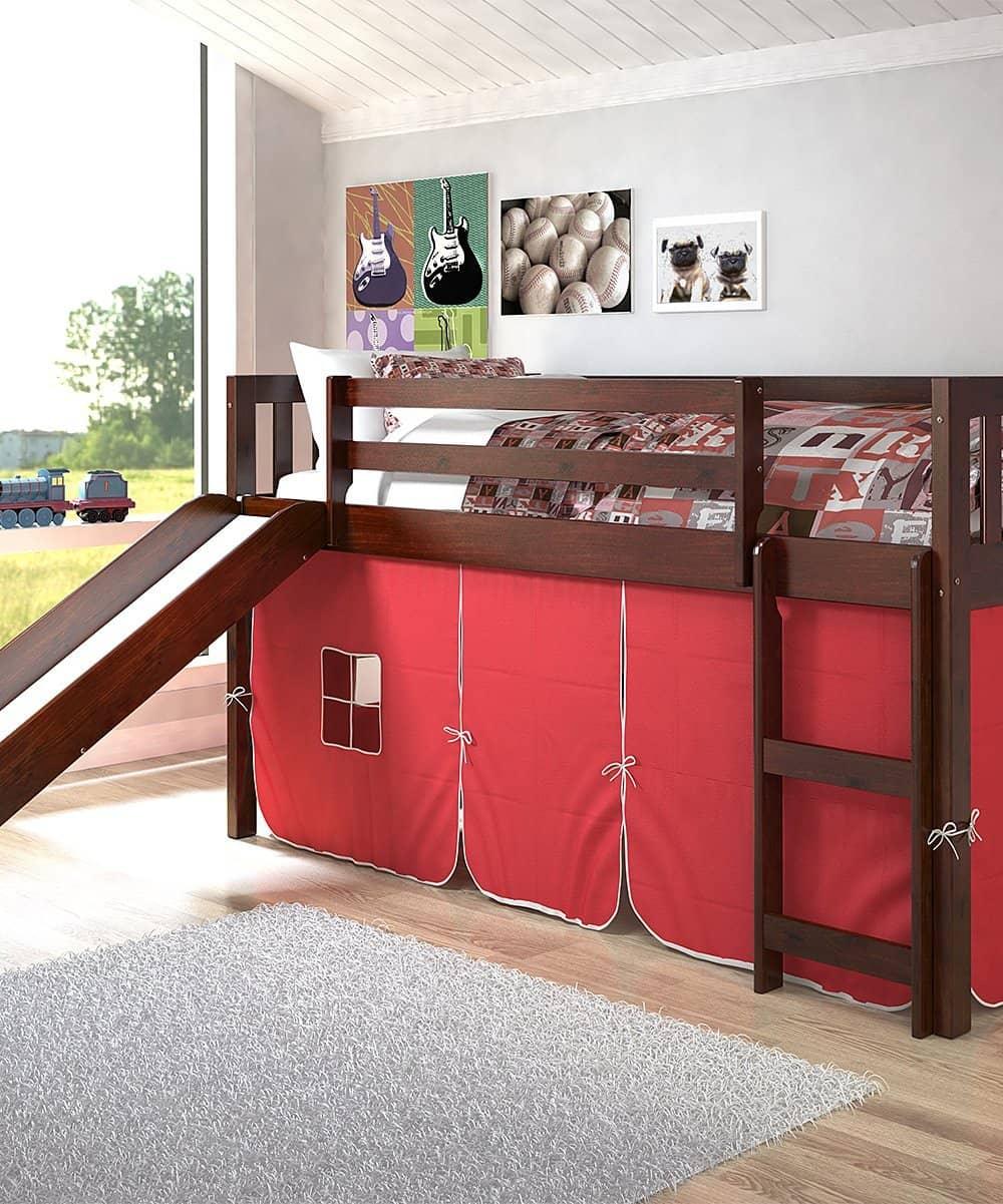 Lucas Low Loft Bed with Slide & Red Tent Custom Kids Furniture