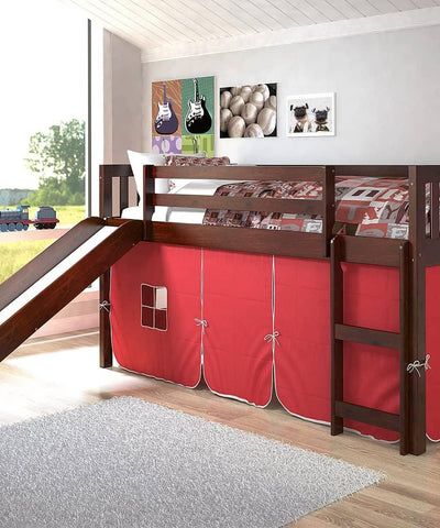 Lucas Low Loft Bed with Slide & Red Tent Custom Kids Furniture