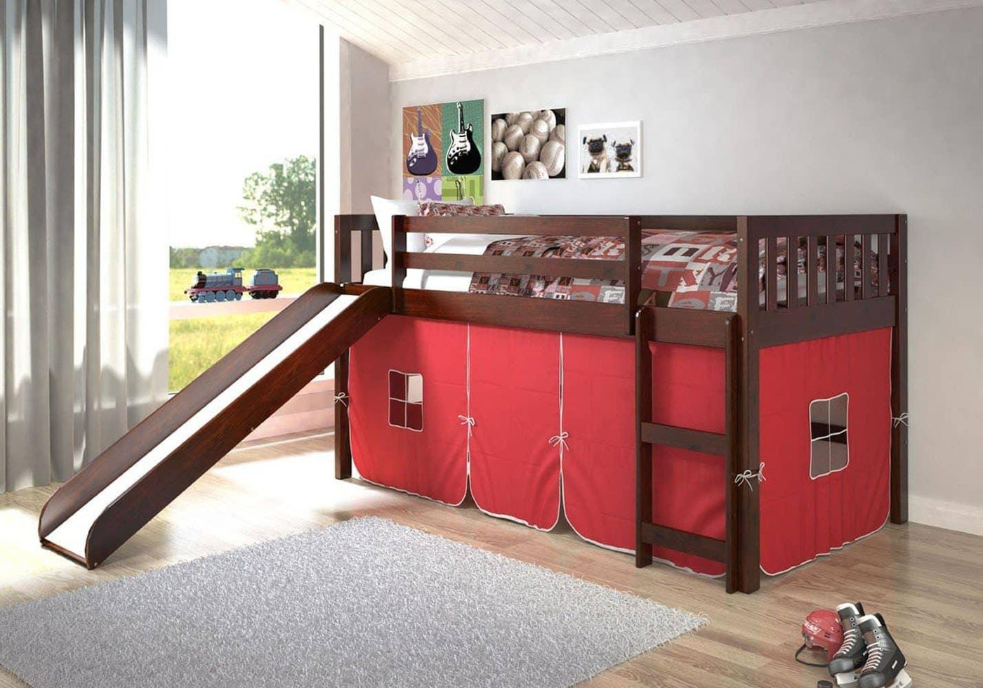 Lucas Low Loft Bed with Slide & Red Tent Custom Kids Furniture