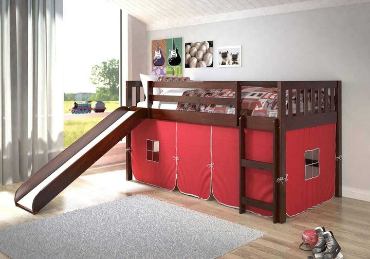 loft tent Lucas Low Loft Bed with Slide & Red Tent / Custom Kids Furniture