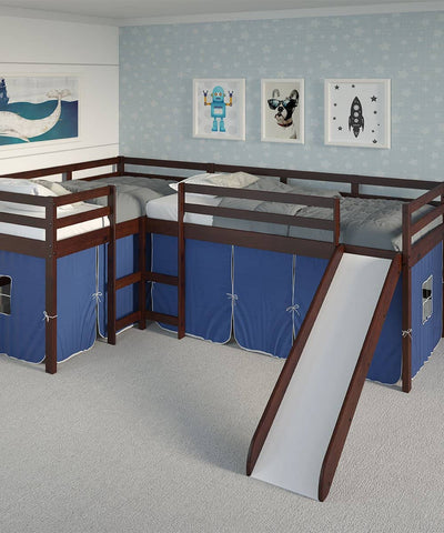 Luke L-Shape Corner Loft Bed with Slide & Blue Tent Custom Kids Furniture