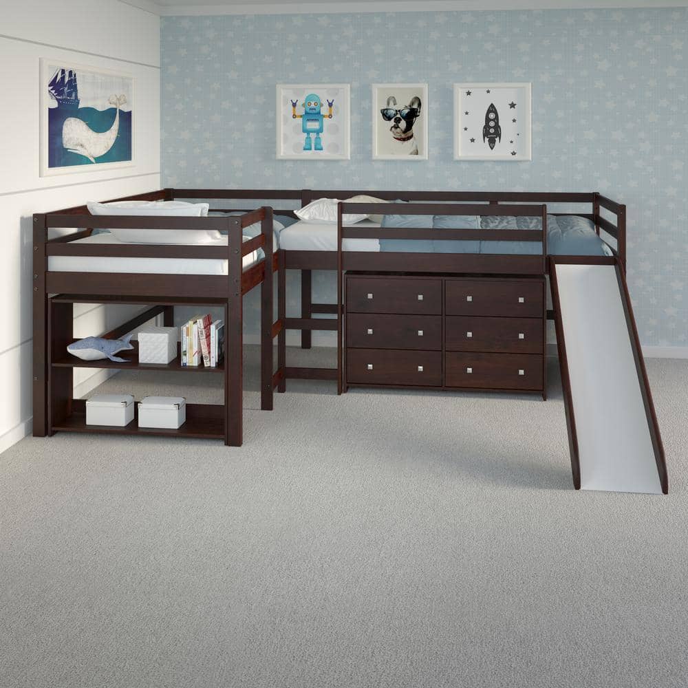 Luke L-Shape Corner Loft Bed with Slide & Dresser Custom Kids Furniture