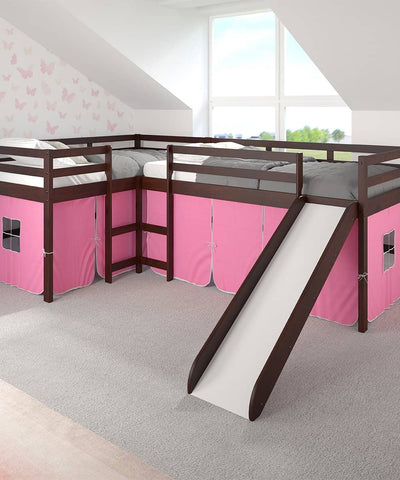 Molly L-Shape Corner Loft Bed with Slide & Pink Tent Custom Kids Furniture