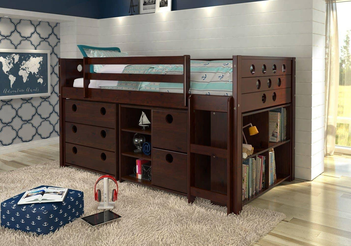 Tristan Loft Bed with Storage, Bookshelves, and Dresser in One Custom Kids Furniture