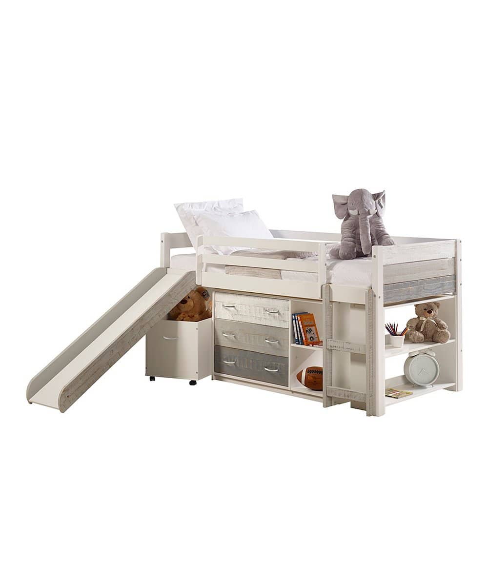 Fun and functional Tyler Loft Bed with Slide and Storage, includes under-bed drawers, open shelving, and a side slide for space-saving play.